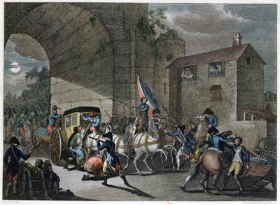 De arrestatie van Lodewijk XVI in Varennes, 22 juni 1791, gegraveerd door Reinier Vinkeles en Daniel Vrydag door Jan Bulthuis